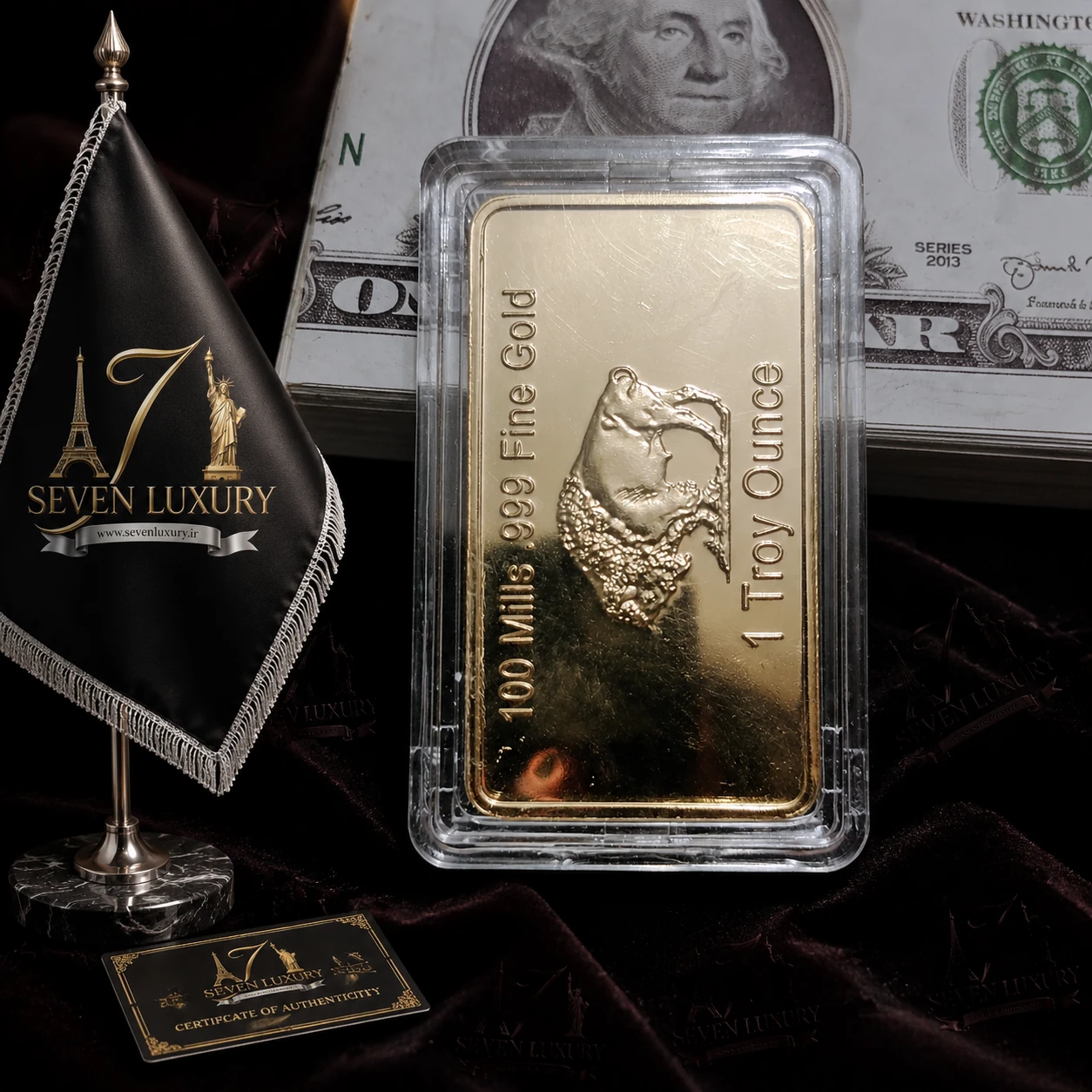 شمش دکوری یک انسی طرح یک دلار قدیم ایالت متحده سٍــون لوکساری | روکش طلای ۲۴ عیارSevenLuxury Old US Dollar Design 1oz Gold Bar Prop | 24K Gold Plated