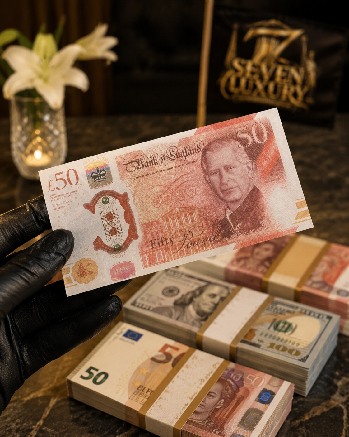 اسکناس تزئینی و دکوری ۵۰ پوند طرح شاهزاده 50 Pound Cinematic Prop Banknote - Prince Design - 100pcs Pack