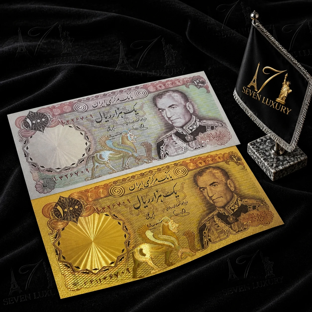 🎫اسکناس ۱۰۰۰ ریالی پهلوی ، با روکش طلا و نقره ، جفت🇮🇷🎫