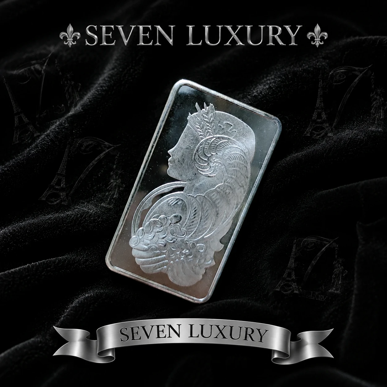 شمش دکوری یک انسی طرح الهه سٍــون لوکساری | روکش نقره ۹۹۹ عیارSevenLuxury Goddess Design 1oz Prop Bar | 999 Fine Silver Plated