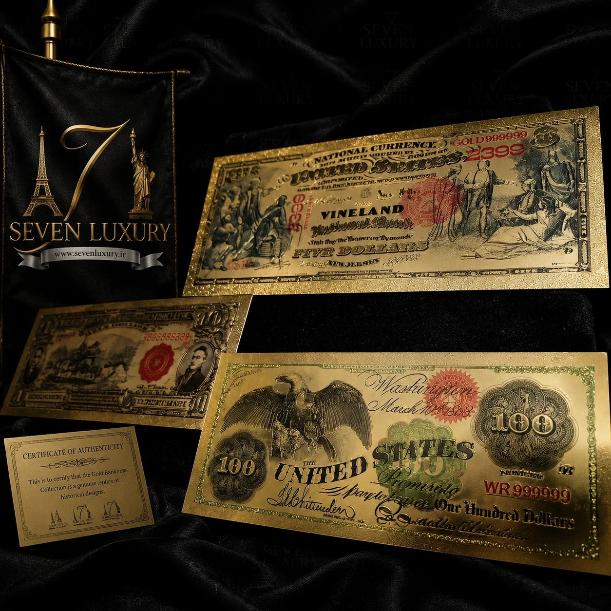 مجموعه نایاب اسکناس‌های دلار چاپ قدیم ۴ قطعه  – نسخه روکش طلا | Rare Old US Gold-Plated Banknote Collection ست کلکسیونی اسکناس‌های قدیمی آمریکا با روکش طلای درخشان، شامل طرح‌های کلاسیک از ۵ ۱۰  و  ۱۰۰ دلار، همراه با سرتیفیکیت اختصاصی و پاکت مخصوص 🎫.🇺🇸