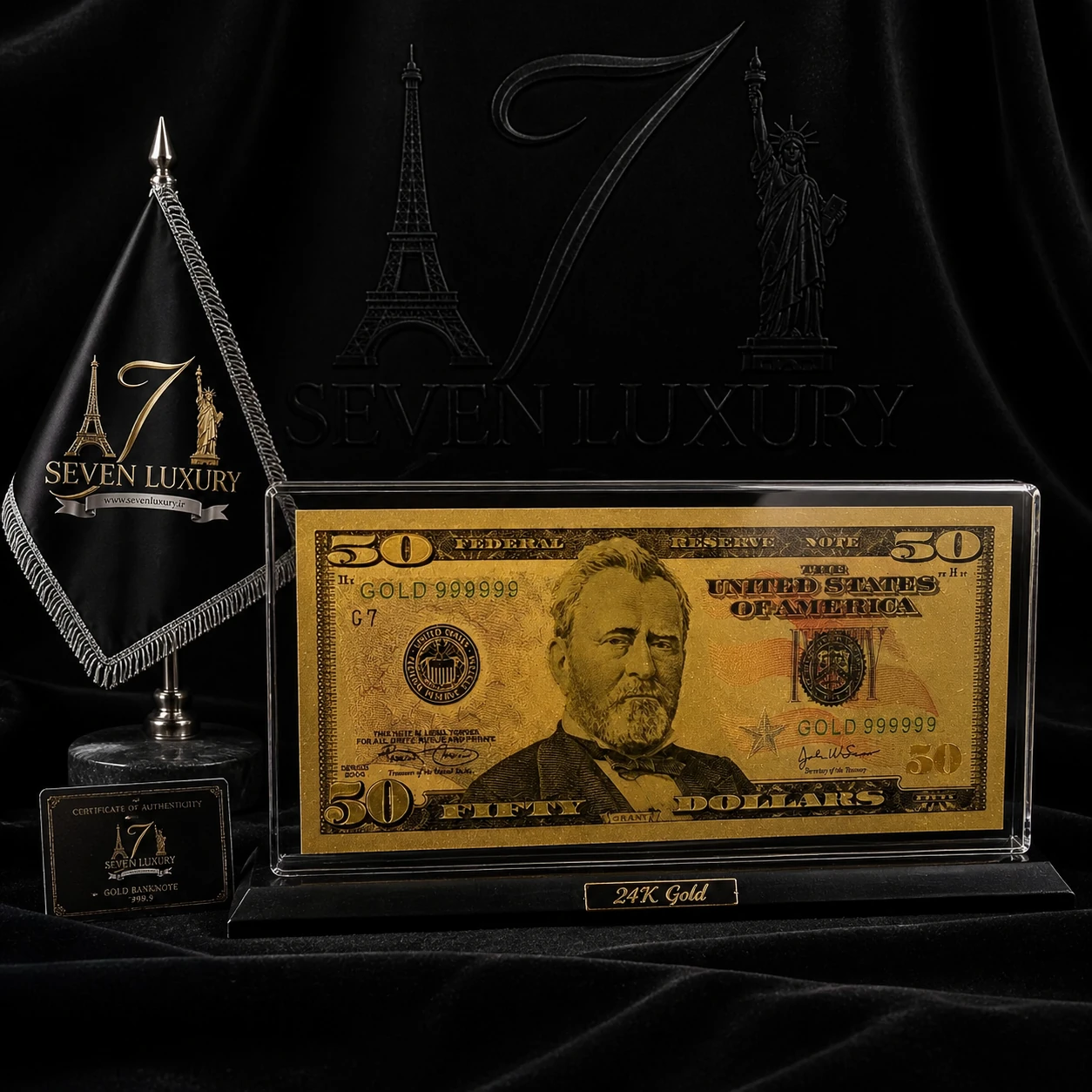 استند اسکناس کلکسیونی روکش طلا ۲۴ عیار با قابلیت شخصی‌سازی اسکناس | Seven Luxury