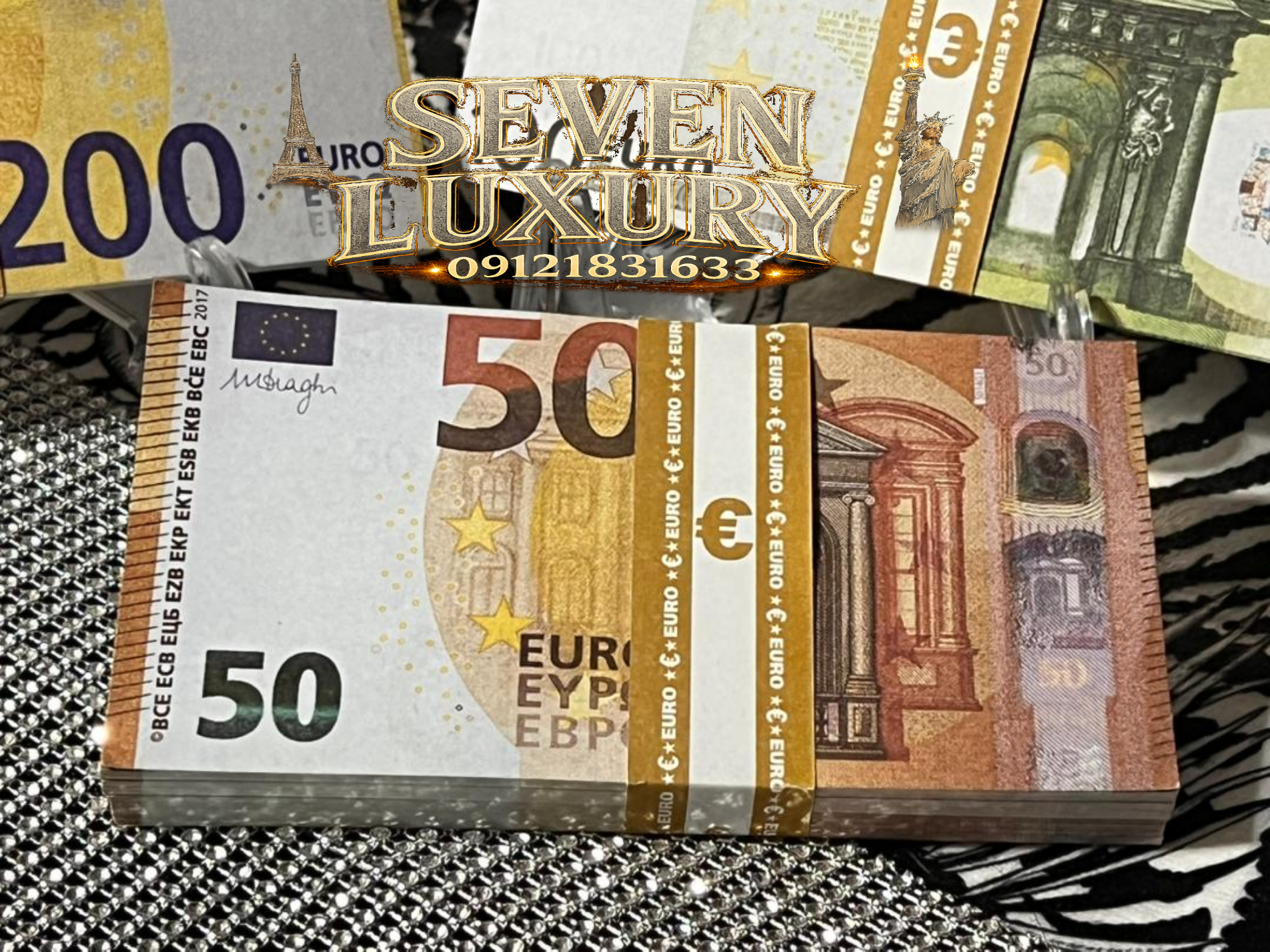 پنجاه یورو تزئینی دکوری و سینمایی سٍــون لوکساری | بسته ۱۰۰ برگی مدل €50 سینماییSevenLuxury 100-Sheet €50 Cinematic Display Prop Pack