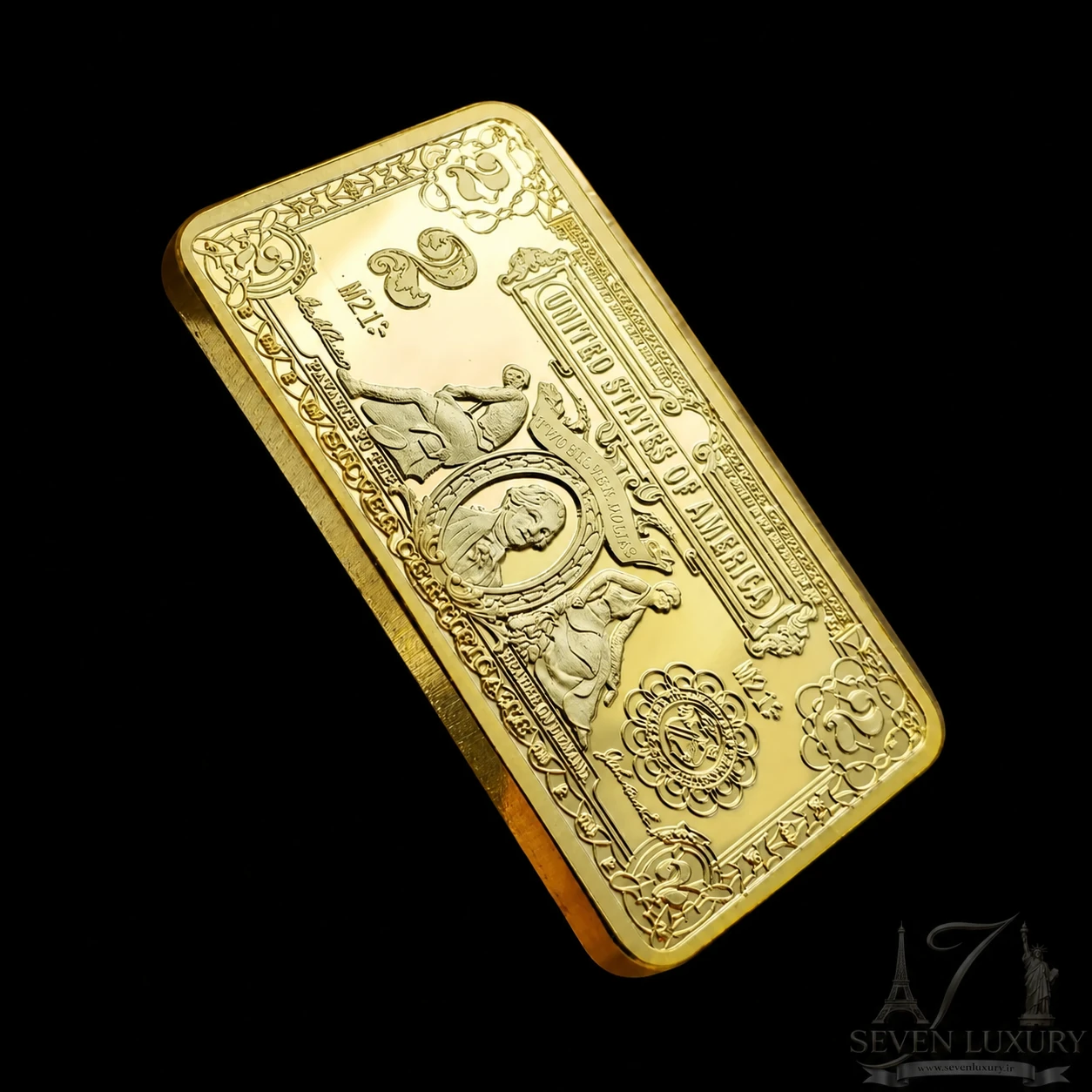 شمش دکوری یک انسی طرح ۲ دلار سٍــون لوکساری | روکش طلای ۲۴ عیارSevenLuxury 2 Dollar Design 1oz Gold Bar Prop | 24K Gold Plated