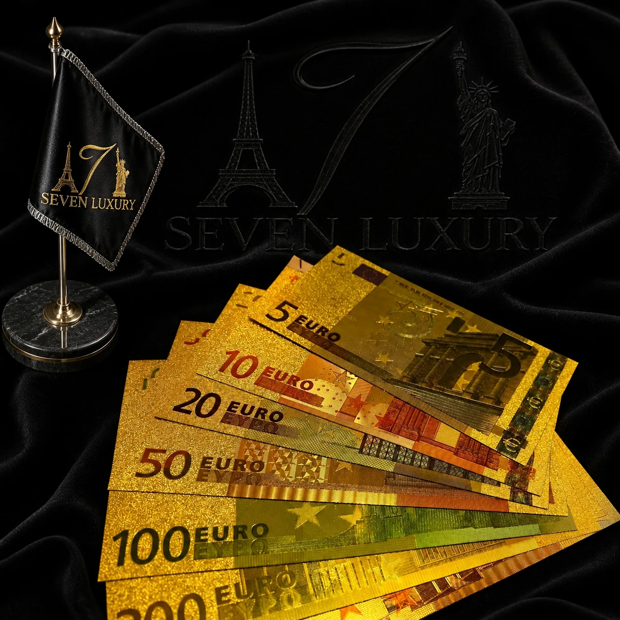 🎫اسکناس روکش طلای ۲۴ عیار مجموعه ۷ قطعه ایی یورو🇪🇺بدون سرتیفیکیت و بدون نوشته 24k gold روی اسکناسها 🎫