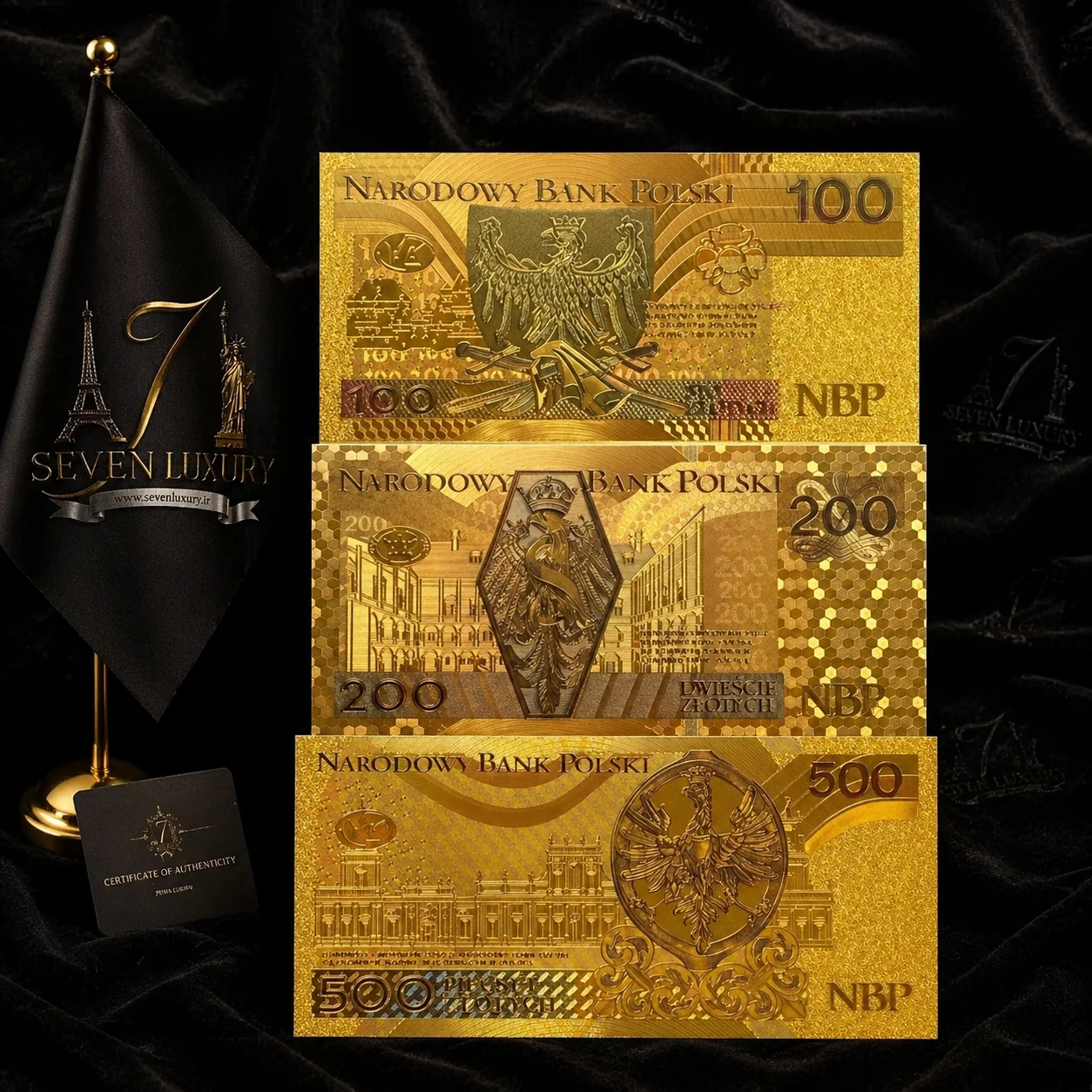 مجموعه سه‌عددی اسکناس‌های طلایی لهستان – روکش طلا 24 عیار | Poland Gold Banknote Set ست کلکسیونی شامل 100، 200 و 500 زووتی لهستان با روکش طلایی، جزئیات برجسته، پاکت لوکس و کارت سرتیفیکیت 24 عیار.🇵🇱