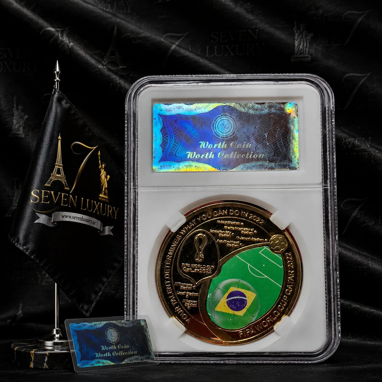 سکه یادبود حضور برزیل در جام جهانی قطر – نسخه طلایی Seven Luxury | Brazil World Cup Qatar 2022 Commemorative Gold Coin سکه کلکسیونی طلایی با طرح رسمی جام جهانی قطر، هولوگرام امنیتی، قاب محافظ سخت، بسته‌بندی لوکس و کیفیت A+++.🇧🇷