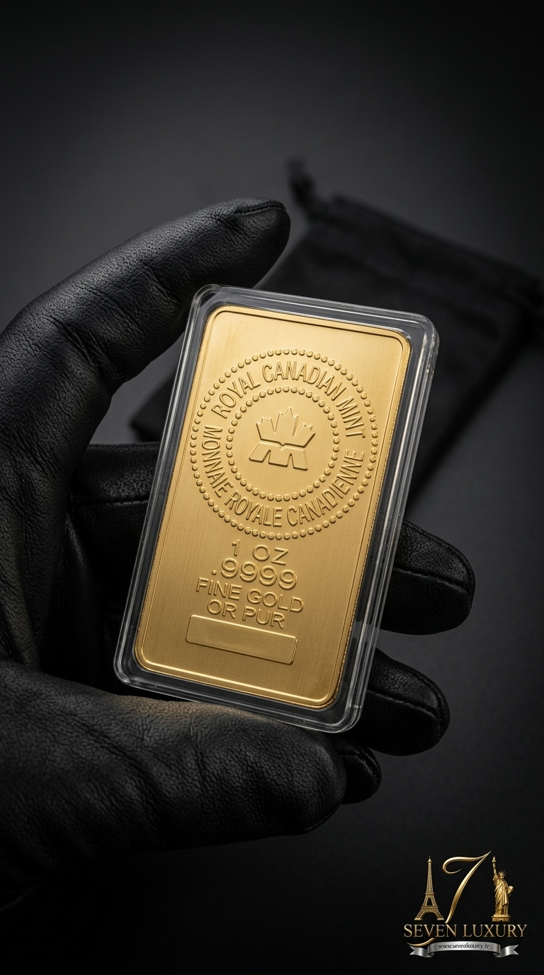 شمش دکوری یک انسی طرح سلطنتی کانادا سٍــون لوکساری | روکش طلای ۲۴ عیارSevenLuxury Royal Canadian Mint Design 1oz Gold Bar Prop | 24K Gold Plated