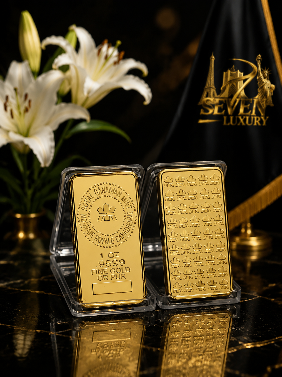 شمش دکوری یک انسی طرح سلطنتی کانادا سٍــون لوکساری | روکش طلای ۲۴ عیارSevenLuxury Royal Canadian Mint Design 1oz Gold Bar Prop | 24K Gold Plated