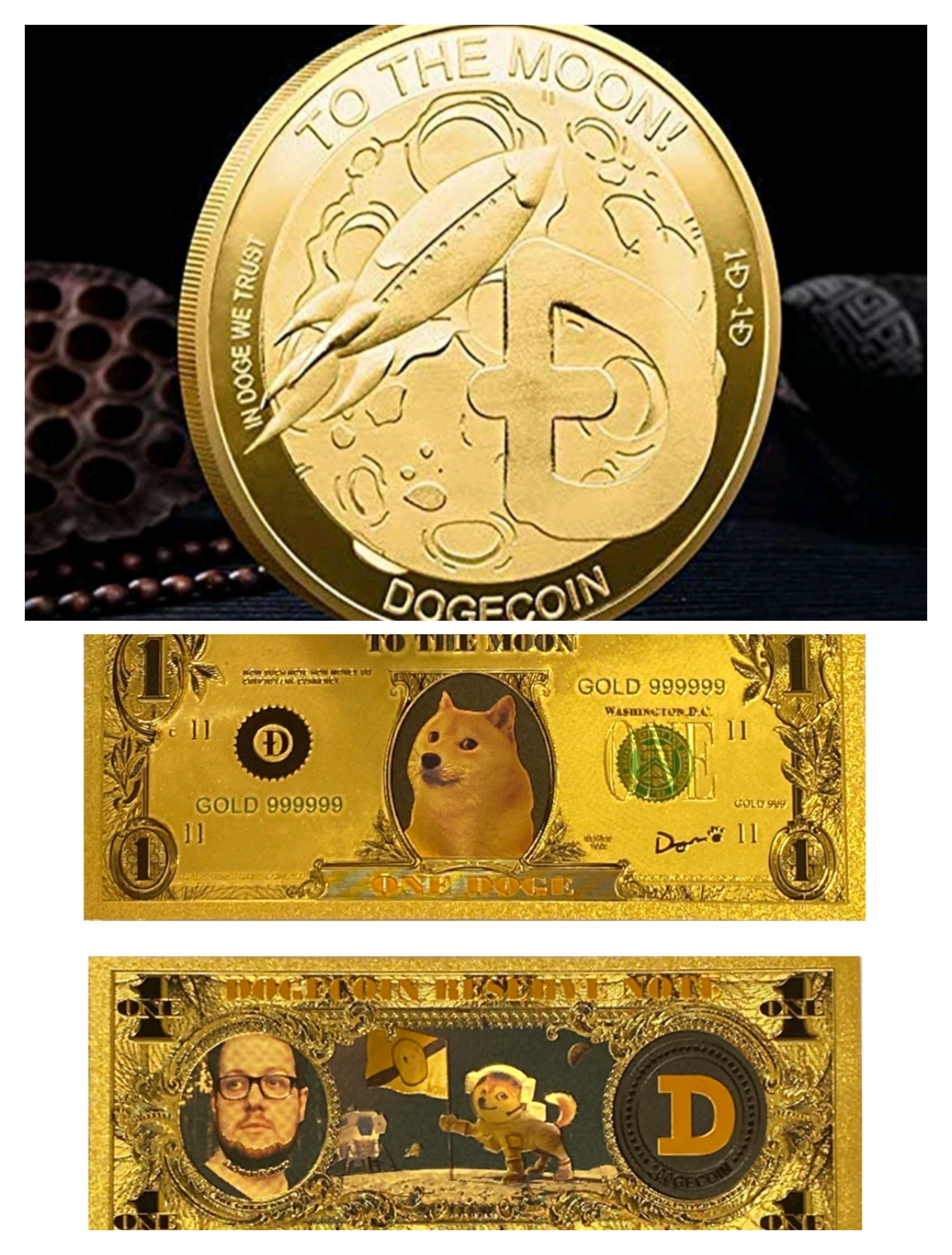 مجموعه سکه و اسکناس روکش طـــلا ۲۴عـــــیار نماد رمز ارز دوج کویین